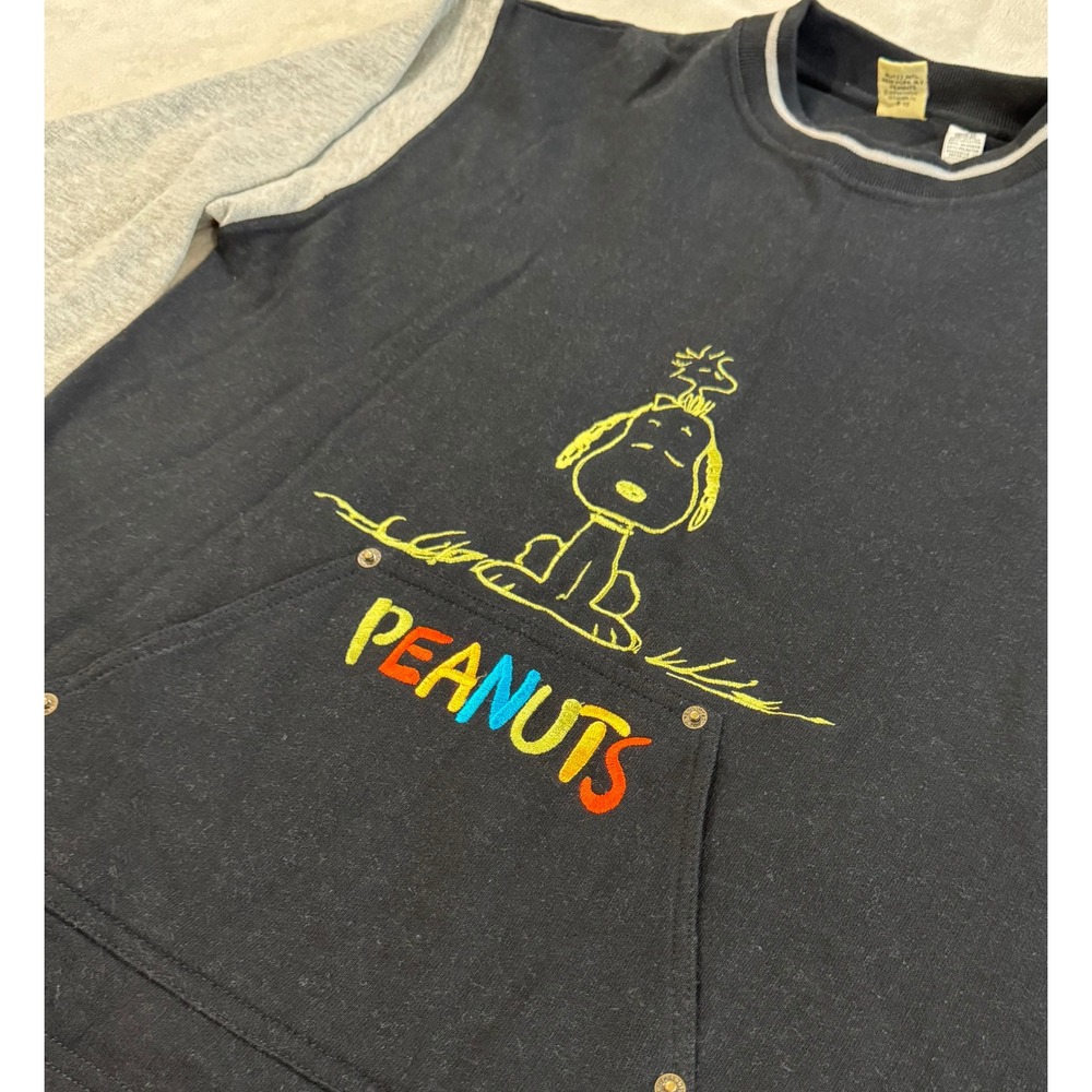 Vintage Peanuts Snoopy Sweatshirt Colorblock Embroidered Pouch Pocket Black M - Picture 6 of 7